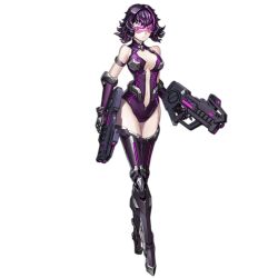 Rule 34 | 1girl, armlet, armor, artist request, black armor, black footwear, black gloves, boots, breasts, center opening, crossed ankles, detached sleeves, dual wielding, full body, girls&#039; frontline, gloves, gun, head-mounted display, holding, holding gun, holding weapon, large breasts, leg armor, leotard, light frown, looking at viewer, multicolored hair, navel, official art, pale skin, purple eyes, purple hair, purple leotard, purple sleeves, ripper (girls&#039; frontline), sangvis ferri, science fiction, short hair, solo, standing, streaked hair, submachine gun, thigh boots, transparent background, weapon