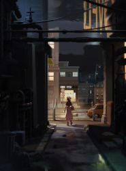 Rule 34 | aerith gainsborough, alley, basket, boots, braid, braided ponytail, brown hair, building, city, cropped jacket, dress, facing away, final fantasy, final fantasy vii, final fantasy vii remake, full body, hair ribbon, holding, holding basket, jacket, lilith-lily, long dress, midgar, outdoors, people, pink dress, power lines, red jacket, ribbon, short sleeves, square enix, taxi, walking