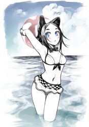 Rule 34 | 1girl, :&lt;, animal ears, armpits, arms behind head, arms up, ball, beachball, blue eyes, blush, bow, front-tie top, groin, highres, holding, holding ball, navel, original, partially submerged, short hair, solo, spot color, standing, thigh gap, wading, water, yunar