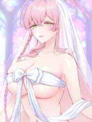 Rule 34 | 1girl, ahoge, blue archive, blurry, blurry background, blush, bow, braid, breasts, cleavage, closed mouth, collarbone, filha, green eyes, hair between eyes, halo, hanako (blue archive), huge breasts, lips, long hair, looking at viewer, navel, pink hair, pink halo, pink lips, ribbon, ribbon bra, see-through veil, signature, smile, solo, stomach, wedding, white bow, white ribbon, white veil