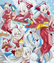 Rule 34 | 1girl, blush, bow, candy apple, closed mouth, cotton candy, food, fruit, fujiwara no mokou, hair bow, holding, holding food, holding fruit, japanese clothes, kimono, long hair, long sleeves, mask, mask on head, mokoiscat, multiple views, new mask of hope, obi, red eyes, red kimono, sash, shaved ice, smile, tongue, tongue out, touhou, watermelon, white bow, white hair, wide sleeves