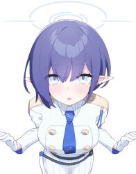 Rule 34 | 1girl, aoi (blue archive), blue archive, blue eyes, blue hair, blue halo, blue necktie, blush, breasts, gloves, halo, kunabishi, large breasts, long sleeves, mole, mole under eye, necktie, open mouth, pleated skirt, pointy ears, shirt, short hair, simple background, skirt, solo, white background, white gloves, white shirt, white skirt