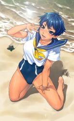 Rule 34 | 1girl, bang-you, bare legs, barefoot, beach, blue eyes, blue hair, breasts, collarbone, covered navel, crab, highres, kamishiro sui, kneeling, large breasts, matching hair/eyes, outdoors, school uniform, serafuku, short hair, solo, starfish, swimsuit, swimsuit under clothes, textless version, tokyo 7th sisters, v, water