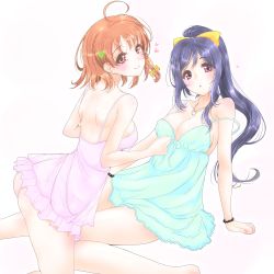Rule 34 | 10s, 2girls, arm support, blue hair, blush, braid, breasts, cleavage, frapowa, heart, large breasts, long hair, looking at viewer, looking back, love live!, love live! sunshine!!, matsuura kanan, multiple girls, no bra, off shoulder, orange hair, parted lips, purple eyes, short hair, simple background, smile, strap slip, takami chika, white background