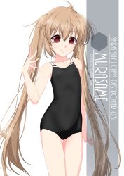 Rule 34 | 1girl, ahoge, alternate breast size, artist name, black one-piece swimsuit, blush, brown eyes, character name, checkered background, clip studio paint (medium), collarbone, commentary request, cowboy shot, eyes visible through hair, flat chest, gradient background, grey background, hair between eyes, highres, inaba shiki, kantai collection, light brown hair, long hair, looking at viewer, multicolored clothes, multicolored swimsuit, murasame (kancolle), new school swimsuit, one-hour drawing challenge, one-piece swimsuit, photoshop (medium), school swimsuit, simple background, smile, solo, standing, swimsuit, twintails, white background