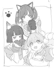3girls :d animal_ear_hairband animal_ears animal_hands apron blunt_bangs blunt_ends blush cat_ear_hairband cat_ears cerise_bouquet closed_mouth covering_own_mouth crossed_bangs embarrassed fake_animal_ears fox_ears frilled_apron frills gloves greyscale hairband highres hinoshita_kaho link!_like!_love_live! long_hair looking_at_viewer love_live! maid maid_apron medium_hair momose_ginko monochrome multiple_girls muneta_(ntani_2) official_alternate_costume official_alternate_hairstyle open_mouth otomune_kozue paw_gloves rabbit_ear_hairband rabbit_ears short_hair sidelocks smile split_mouth twintails virtual_youtuber white_background