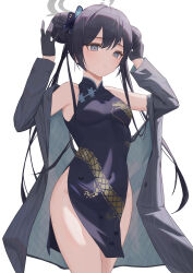 Rule 34 | 1girl, absurdres, black dress, black hair, blue archive, blush, closed mouth, double bun, dress, grey eyes, grey halo, hair bun, halo, highres, kisaki (blue archive), long hair, pige pig, simple background, sleeveless, sleeveless dress, solo, twintails, white background