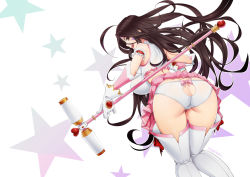 Rule 34 | 1girl, aa megami-sama, ahoge, arm garter, ass, ass cutout, bad id, bad pixiv id, black hair, breasts, clothing cutout, facial hair, facial mark, female focus, forehead mark, gloves, heart, huge ahoge, huge ass, large breasts, long hair, looking at viewer, looking back, magical girl, open mouth, panties, simple background, skuld (aa megami-sama), solo, staff, star (symbol), stormcow, underwear, very long hair, white background, white gloves, white legwear, white panties, wide hips, yellow eyes