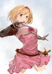 Rule 34 | 1girl, armor, belt, blonde hair, blush, bow, bowtie, breasts, brown belt, brown eyes, cowboy shot, cropped legs, djeeta (granblue fantasy), gauntlets, granblue fantasy, granblue fantasy versus, hairband, highres, leather belt, looking at viewer, pink hairband, sheath, sheathed, short hair, small breasts, solo, sword, thighs, weapon, white background, yashigaras