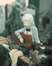 Rule 34 | 1girl, absurdres, animal, black neckwear, black skirt, blurry, blurry background, building, cat, closed eyes, fingernails, googerm, guitar, highres, instrument, long hair, music, original, parted lips, plant, playing instrument, post-apocalypse, ruins, rust, singing, sitting, skirt, white hair