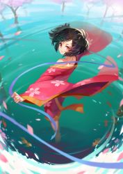 Rule 34 | 10s, 1girl, absurdres, brown eyes, brown hair, cherry blossoms, floral print, highres, japanese clothes, kexue, kimono, koutetsujou no kabaneri, lens flare, looking at viewer, looking back, mumei (kabaneri), off shoulder, scar, short hair, short kimono, smile, solo, spinning, standing, wading, water, wide sleeves