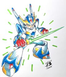 Rule 34 | 1boy, android, armor, artist logo, blue headwear, boots, dated, energy sword, falcon armor x (mega man), glowing, green eyes, helmet, highres, holding, holding sword, holding weapon, lightsaber, mechanical wings, mega man (series), mega man x (series), pn13ban, simple background, solo, sword, traditional media, weapon, white armor, white background, wings, x (mega man), z saber