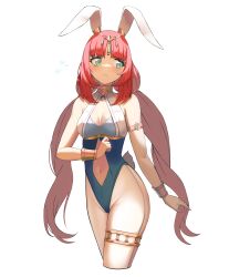 Rule 34 | 1girl, absurdres, alternate costume, animal ears, arm at side, bare shoulders, blue bodysuit, blush, bodysuit, breasts, clenched hand, collar, donezo, embarrassed, expressionless, eyelashes, fake animal ears, fake tail, female focus, forehead jewel, genshin impact, green eyes, highres, jewelry, leotard, long hair, looking afar, looking to the side, low twintails, metal collar, necklace, nervous, nilou (genshin impact), outstretched hand, playboy bunny, rabbit ears, rabbit tail, red hair, simple background, small breasts, solo, standing, tail, twintails, two-tone bodysuit, very long hair, white background, white bodysuit, wrist cuffs, yellow wrist cuffs