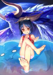 Rule 34 | 1girl, 1other, :3, animal ears, arcana heart, artist request, ass, backpack, bag, bare legs, barefoot, black hair, blue one-piece swimsuit, blush, breasts, brown eyes, crossed legs, daidouji kira, female focus, highres, looking at viewer, niptra, official art, one-piece swimsuit, school swimsuit, shiny skin, short hair, simple background, small breasts, smile, swimsuit, water, wide hips, yellow eyes