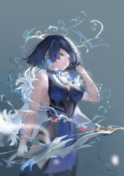 Rule 34 | 1girl, absurdres, adjusting hair, black gloves, black hair, blue dress, blue hair, bow (weapon), bracelet, braid, breasts, closed mouth, diagonal bangs, dice, dress, earrings, eureca nk, genshin impact, gloves, green eyes, highres, holding, holding bow (weapon), holding weapon, jewelry, large breasts, light smile, looking afar, multicolored hair, neck tassel, short hair, simple background, sleeveless, sleeveless dress, solo, two-tone hair, weapon, white gloves, yelan (genshin impact)