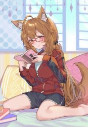 Rule 34 | 1girl, absurdres, ahoge, animal ear fluff, animal ears, barefoot, black shorts, blue sky, blush, book, book stack, breasts, brown eyes, brown hair, closed mouth, commentary request, commission, day, eyebrows hidden by hair, glasses, hands up, highres, hitoshi, holding, holding book, indoors, jacket, long hair, long sleeves, low twintails, medium breasts, open book, open window, original, pillow, pixiv commission, red-framed eyewear, red jacket, shirt, short shorts, shorts, sitting, sky, sleeves past wrists, smile, solo, tail, twintails, very long hair, wariza, white shirt, window