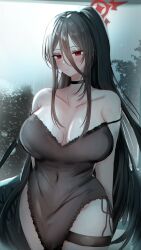 Rule 34 | 1girl, absurdres, arms behind back, bare shoulders, black choker, black hair, blue archive, blush, breasts, choker, cleavage, closed mouth, collarbone, commentary request, covered navel, deevile 0122, hair between eyes, halo, hasumi (blue archive), highres, large breasts, long hair, looking at viewer, mole, mole under eye, ponytail, red eyes, red halo, solo, thigh strap, thighs