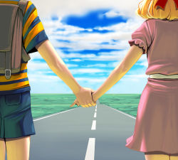 Rule 34 | 1boy, 1girl, bad id, bad pixiv id, child, cloud, day, holding hands, kouno (masao), mother (game), mother 2, ness (mother 2), nintendo, paula (mother 2), perspective, road, sky