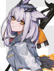 Rule 34 | 1girl, arknights, blush, brothercoral, coat, feather hair, grey background, grey coat, highres, holding, holding staff, looking at viewer, looking to the side, medium hair, owl ears, owl girl, parted lips, ptilopsis (arknights), solo, staff, symbol-shaped pupils, two-tone background, upper body, white background, white hair, yellow eyes