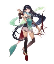 1girl absurdres armor arrow_(projectile) atelier_(series) atelier_firis black_hair boots bow_(weapon) feathers full_body gloves highres liane_mistlud long_hair noco_(adamas) official_art quiver red_eyes scarf simple_background solo very_long_hair weapon white_background