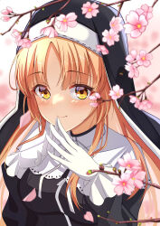 Rule 34 | 1girl, absurdres, black dress, blonde hair, blush, capelet, cherry blossoms, closed mouth, dress, frilled gloves, frills, full-length zipper, gloves, habit, high collar, highres, hisato sumeru, long hair, long sleeves, looking at viewer, nijisanji, nun, sister claire, sister claire (1st costume), smile, solo, steepled fingers, traditional nun, upper body, virtual youtuber, white capelet, white gloves, yellow eyes, zipper, zipper dress