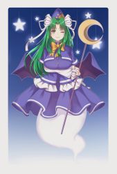 Rule 34 | 1girl, blouse, blue capelet, blue skirt, blue vest, bow, breasts, buttons, capelet, crescent, demon wings, frilled sleeves, frilled vest, frills, full body, ghost tail, green eyes, green hair, hat, highres, large breasts, long hair, long sleeves, milll 77, mima (touhou), moon, one eye closed, parted bangs, ribbon, shirt, skirt, staff, star (symbol), string, sun print, touhou, touhou (pc-98), vest, white ribbon, white shirt, wings, wizard hat, yellow bow, yellow neckwear