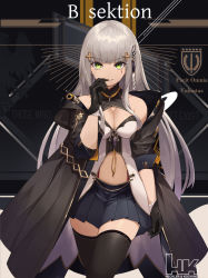 Rule 34 | 1girl, assault rifle, bare shoulders, braid, breasts, character name, cleavage, cleavage cutout, clothing cutout, cowboy shot, eruthika, girls&#039; frontline, green eyes, gun, h&amp;k hk416, heckler &amp; koch, highres, hk416 (girls&#039; frontline), long hair, looking at viewer, miniskirt, navel, pleated skirt, rifle, silver hair, skindentation, skirt, solo, thighhighs, weapon, zettai ryouiki