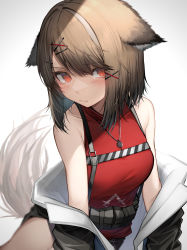 Rule 34 | 1girl, absurdres, animal ears, arknights, breasts, brown hair, cutter (arknights), grey background, highres, medium breasts, red eyes, red shirt, shirt, short hair, sleeveless, sleeveless shirt, solo, tab head