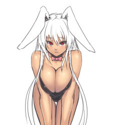 Rule 34 | 1girl, alternate costume, animal ears, bare legs, bent over, bow, bowtie, breasts, breasts squeezed together, cleavage, collarbone, dark-skinned female, dark skin, detached collar, female focus, frown, fujiwara no mokou, hip focus, houtengeki, large breasts, leaning forward, leotard, long hair, looking at viewer, playboy bunny, rabbit ears, red eyes, reisen udongein inaba, simple background, sketch, solo, standing, straight hair, tan, thigh gap, touhou, very long hair, wavy mouth, white background, white hair