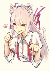 Rule 34 | 1girl, :p, absurdres, animal ear fluff, animal ears, bow, buttons, cat ears, cat tail, collared shirt, commentary request, cropped torso, dress shirt, equality taira, fujiwara no mokou, hair between eyes, hair bow, highres, juliet sleeves, long hair, long sleeves, paw pose, paw print, paw print pattern, puffy sleeves, red eyes, shirt, sleeve garter, sleeves rolled up, solo, suspenders, tail, tongue, tongue out, touhou, upper body, very long hair, white bow, white hair, white shirt, white tail