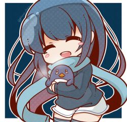 Rule 34 | 10s, 1girl, ^ ^, bird, bloom2425, blue hair, blue scarf, blue sweater, chibi, closed eyes, failure penguin, gradient hair, kantai collection, long hair, long sleeves, multicolored hair, hugging object, open mouth, penguin, samidare (kancolle), scarf, school uniform, serafuku, simple background, skirt, smile, solo, stuffed toy, sweater, swept bangs, thighhighs, twitter username, very long hair, zettai ryouiki