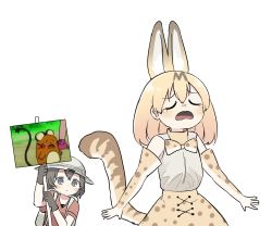 Rule 34 | 10s, animal ears, backpack, bag, black hair, blonde hair, creatures (company), crying, elbow gloves, extra ears, closed eyes, fuyuri (tibirobo), game freak, gloves, hat, highres, kaban (kemono friends), kemono friends, nintendo, photo-referenced, photo inset, pokemon, pokemon (creature), reference inset, serval (kemono friends), sign, tail, tears, white background