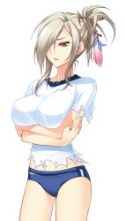 Rule 34 | 1girl, amagai yukino, breasts, brown eyes, buruma, crossed arms, game cg, grey hair, gym uniform, hair over one eye, large breasts, legs, looking away, ponytail, solo, standing, thighs, torn clothes, transparent background, tsuyokiss next shokaiban
