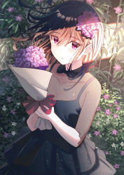 Rule 34 | 1girl, bad id, bad pixiv id, black dress, blush, bouquet, brown hair, collared shirt, commentary request, dress, floating hair, flower, hair between eyes, hair flower, hair ornament, highres, holding, holding bouquet, koh rd, long hair, original, parted lips, pleated dress, purple flower, red eyes, shirt, short sleeves, sleeveless, sleeveless dress, solo, standing, white flower