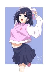 Rule 34 | 1girl, :d, arms up, black hair, blue eyes, blue skirt, dated, hair ribbon, highres, long sleeves, midriff, navel, nii manabu, open mouth, original, pink shirt, pleated skirt, ribbon, running, shirt, shoes, short hair, signature, simple background, skirt, smile, solo, sweater, two-tone background