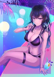 Rule 34 | 1girl, absurdres, bare arms, bikini, black bikini, black hair, blue nails, bracelet, breasts, brown eyes, cleavage, closed mouth, collarbone, crescent, crescent necklace, cup, drinking glass, drinking straw, flower, hair between eyes, hair ribbon, hanegaito, highres, jewelry, large breasts, long hair, nail polish, necklace, o-ring, o-ring bikini, original, poolside, purple flower, ribbon, sideboob, sitting, skindentation, smile, solo, swimsuit, thigh strap, white ribbon