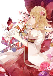 Rule 34 | 1girl, alternate costume, blonde hair, bow, bug, butterfly, cherry blossoms, floral print, flower, from side, hair bow, hair flower, hair ornament, half updo, insect, japanese clothes, kagamine rin, kimono, long sleeves, obi, oil-paper umbrella, p0ckylo, pinwheel, sash, short hair with long locks, solo, umbrella, vocaloid, wide sleeves, yukata