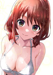 Rule 34 | 1girl, bikini, blush, breasts, brown eyes, brown hair, cleavage, closed mouth, collarbone, commentary, girls band cry, halterneck, highres, iseri nina, light particles, looking at viewer, low twintails, makaichance, medium breasts, short hair, short twintails, sidelocks, smile, solo, swimsuit, twintails, variant set, white background, white bikini