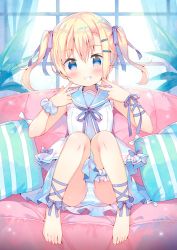 Rule 34 | 1girl, barefoot, blonde hair, blue dress, blue eyes, blue sailor collar, blush, commentary request, couch, curtains, double v, dress, feet, fingernails, full body, grin, hair between eyes, hair ornament, hair ribbon, hairclip, hands up, head tilt, indoors, long hair, meito (maze), on couch, original, panties, purple ribbon, ribbon, sailor collar, shirt, sidelocks, sitting, smile, solo, striped clothes, striped panties, striped pillow, toenails, toes, twintails, underwear, v, white shirt, window