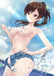 Rule 34 | 1girl, blue shorts, blue sky, breasts, brown eyes, brown hair, chark14, closed mouth, cloud, convenient censoring, day, floating hair, hand on own hip, hand up, highres, kanojo okarishimasu, long hair, medium breasts, mizuhara chizuru, navel, nipples, ocean, open fly, outdoors, ponytail, short shorts, shorts, sky, smile, solo, stomach, sunlight, topless, water, water censor, water drop, wet