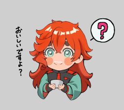 Rule 34 | 1girl, ?, aqua eyes, blush, bowl, chibi, closed mouth, commentary request, cropped torso, food, food on face, grey background, gundam, gundam suisei no majo, hair between eyes, hair down, holding, holding bowl, long hair, long sleeves, looking at viewer, official alternate hairstyle, red hair, simple background, smile, solo, speech bubble, spoken question mark, suiseikaro, suletta mercury, thick eyebrows, translation request, upper body, wide sleeves