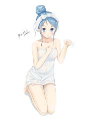 Rule 34 | 1girl, absurdres, alternate costume, blue eyes, blue hair, blush, breasts, closed mouth, hair bun, highres, kantai collection, looking at viewer, medium breasts, naked towel, one-hour drawing challenge, samidare (kancolle), simple background, single hair bun, sitting, solo, towel, twitter username, wariza, white background, zuki