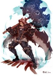 Rule 34 | 1boy, absurdres, armor, axe, bad id, bad pixiv id, berserker (granblue fantasy), brown eyes, brown hair, cape, clenched hand, fur trim, gauntlets, granblue fantasy, greaves, highres, holding, holding axe, holding weapon, male focus, open mouth, over shoulder, pelt, shiba (s hi ba ), signature, smile, solo, standing, teeth, tongue, twitter username, vambraces, weapon, weapon over shoulder
