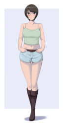 Rule 34 | 1girl, bare arms, bare legs, belt, blue background, blue shorts, boots, breasts, brown belt, brown eyes, brown footwear, brown hair, closed mouth, crossed legs, glasses, green tank top, hands on own hips, highres, ixola, knee boots, legs together, looking at viewer, midriff, mole, mole under eye, navel, original, outside border, shadow, short hair, short shorts, shorts, simple background, smile, solo, standing, tank top