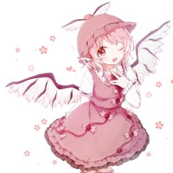 Rule 34 | 1girl, animal ears, bad id, bad pixiv id, bird wings, dress, earrings, hand on own chest, hat, honotai, jewelry, juliet sleeves, long sleeves, looking at viewer, mystia lorelei, one eye closed, open mouth, pink dress, pink eyes, pink hair, puffy sleeves, shirt, smile, solo, touhou, wings, wink