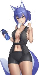 Rule 34 | 1girl, absurdres, ahoge, animal ear fluff, animal ears, bare arms, bare shoulders, black shorts, black vest, blue hair, bottle, breasts, cleavage, commentary, commission, copyright request, english commentary, grey eyes, hair between eyes, highres, holding, holding bottle, holding towel, large breasts, looking at viewer, navel, open clothes, open vest, parted lips, ponytail, shorts, sideboob, sidelocks, simple background, solo, stomach, sweat, tail, towel, towel around neck, vest, white background, yuzabeecha