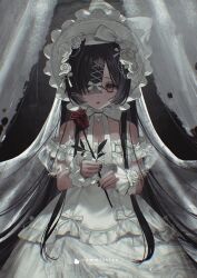 Rule 34 | 1girl, bare shoulders, black hair, black nails, bow, breasts, chromatic aberration, cleavage, commentary request, commission, cowboy shot, dress, fingernails, flower, frilled dress, frills, gem, gothic lolita, hair bow, hair flower, hair ornament, hair over one eye, highres, holding, holding flower, jewelry, lace trim, lolita fashion, long dress, long hair, looking at viewer, medium breasts, nail polish, original, parted lips, pearl (gemstone), pearl hair ornament, pendant, red flower, red rose, rose, skeb commission, solo, veil, watermark, white bow, white dress, white flower, wrist cuffs, x hair ornament, yellow eyes, youichi (45 01)