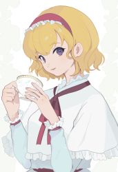 Rule 34 | 1girl, alice margatroid, alternate eye color, blonde hair, capelet, commentary, cup, dress, fingernails, frilled hairband, frilled sleeves, frills, hairband, hands up, highres, holding, holding cup, long sleeves, looking at viewer, neckerchief, parted lips, purple eyes, red hairband, red neckerchief, short hair, sideways glance, simple background, smile, solo, surumeri (baneiro), teacup, touhou, upper body, white background, white capelet, white dress
