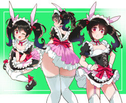 Rule 34 | 1girl, :o, ;d, alternate costume, black footwear, black hair, breasts, commentary request, enmaided, from behind, garter straps, green background, hair ribbon, hands on own hips, kurokawa makoto, long hair, looking at viewer, love live!, love live! school idol festival, love live! school idol project, maid, multiple views, one eye closed, open mouth, puffy short sleeves, puffy sleeves, red eyes, ribbon, sash, shoes, short sleeves, sitting, small breasts, smile, thighhighs, twintails, two-tone background, v arms, white thighhighs, wrist cuffs, yazawa nico