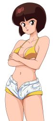Rule 34 | 1girl, :d, absurdres, arms under breasts, bikini, bikini top only, blunt bangs, bob cut, breasts, brown eyes, brown hair, cleavage, collarbone, commentary, cowboy shot, crossed arms, highres, looking at viewer, medium breasts, midriff, navel, open fly, open mouth, ranma 1/2, romaji commentary, short hair, short shorts, shorts, simple background, smile, solo, standing, swimsuit, tendou nabiki, transparent background, unzipped, white shorts, x20man, yellow bikini